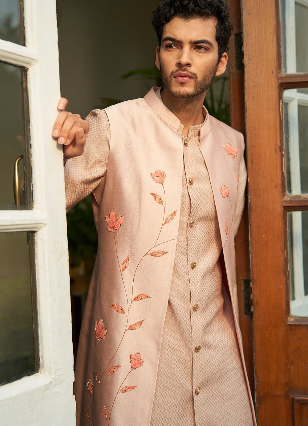 Caramel Peach Shrug Set Contrast by Parth - Fabilicious Fashion