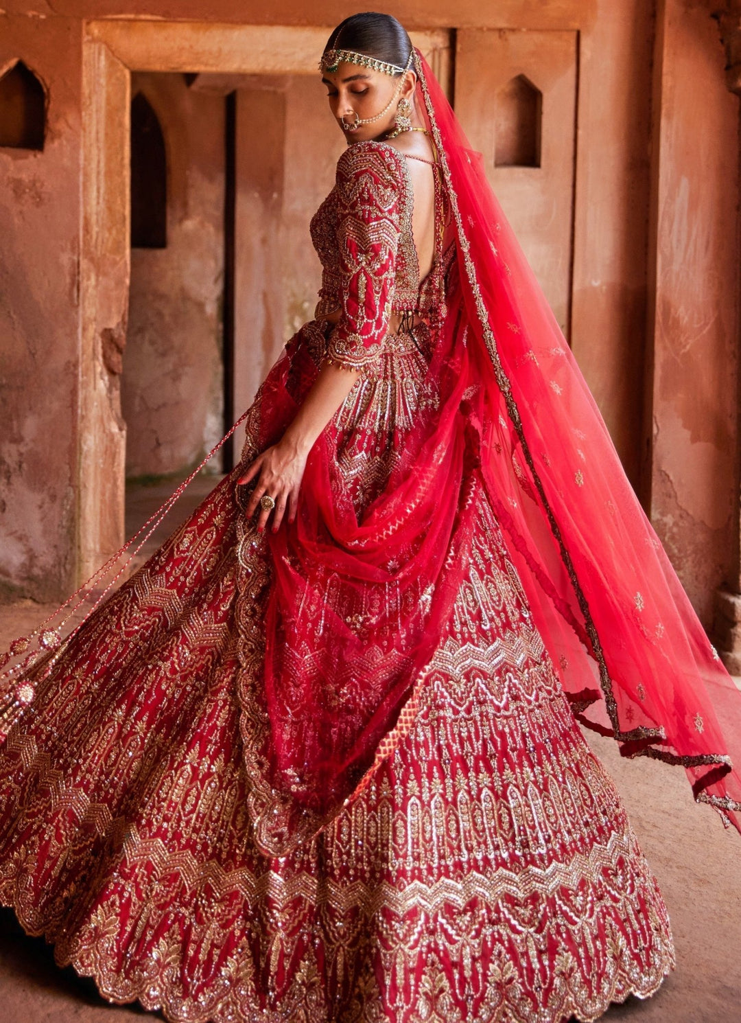 Cardinal Red Bridal Silk Lehenga Set With Scalloped Border Dupatta Nitika Gujral - Fabilicious Fashion