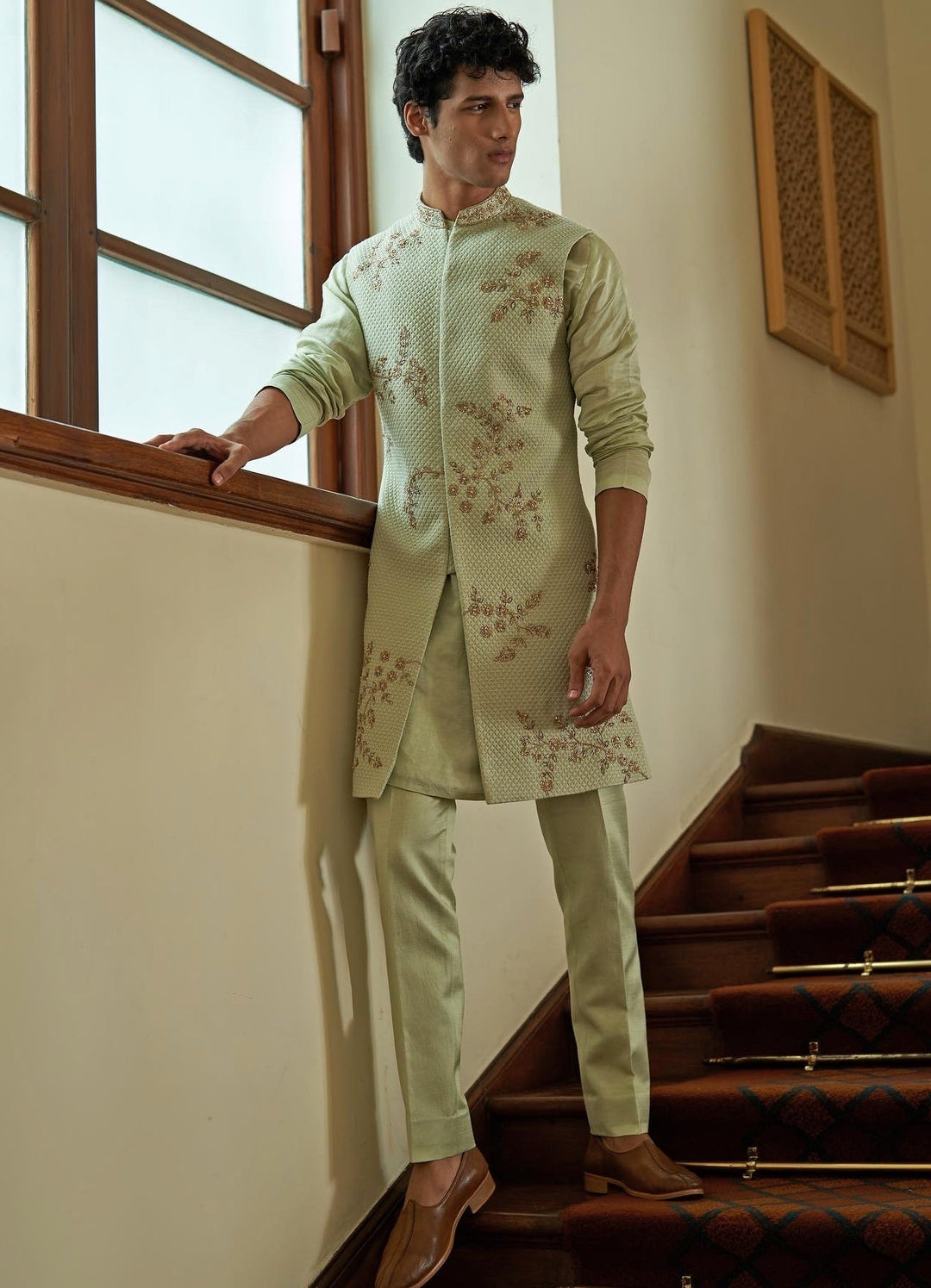 Celedon Sleeveless Mint Green Sherwani Set Contrast by Parth - Fabilicious Fashion