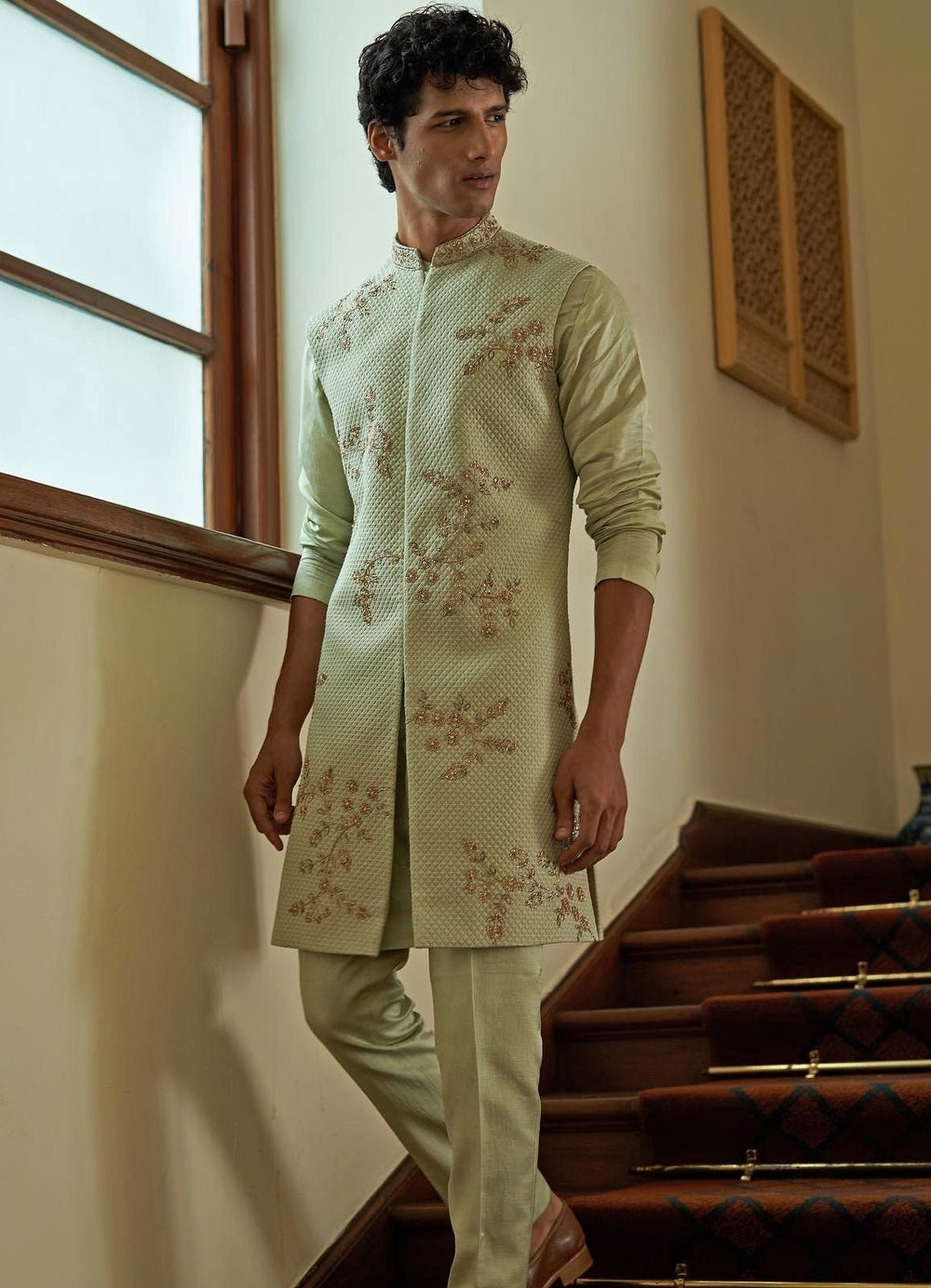 Celedon Sleeveless Mint Green Sherwani Set Contrast by Parth - Fabilicious Fashion