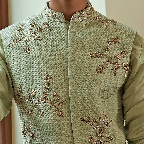 Celedon Sleeveless Mint Green Sherwani Set Contrast by Parth - Fabilicious Fashion