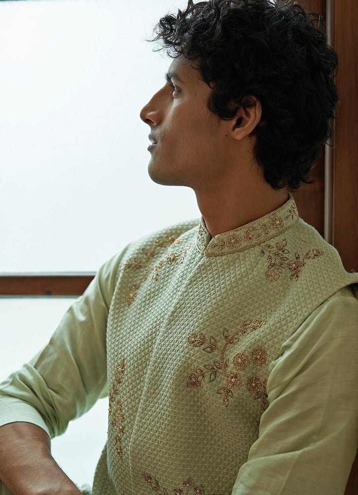 Celedon Sleeveless Mint Green Sherwani Set Contrast by Parth - Fabilicious Fashion