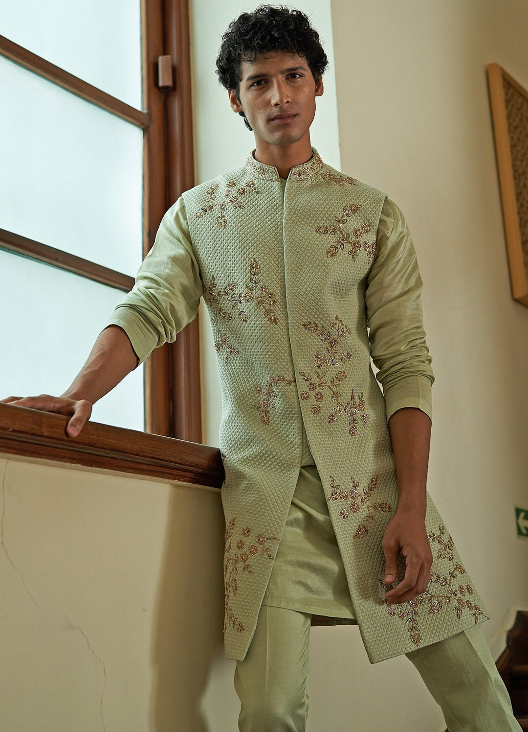 Celedon Sleeveless Mint Green Sherwani Set Contrast by Parth - Fabilicious Fashion
