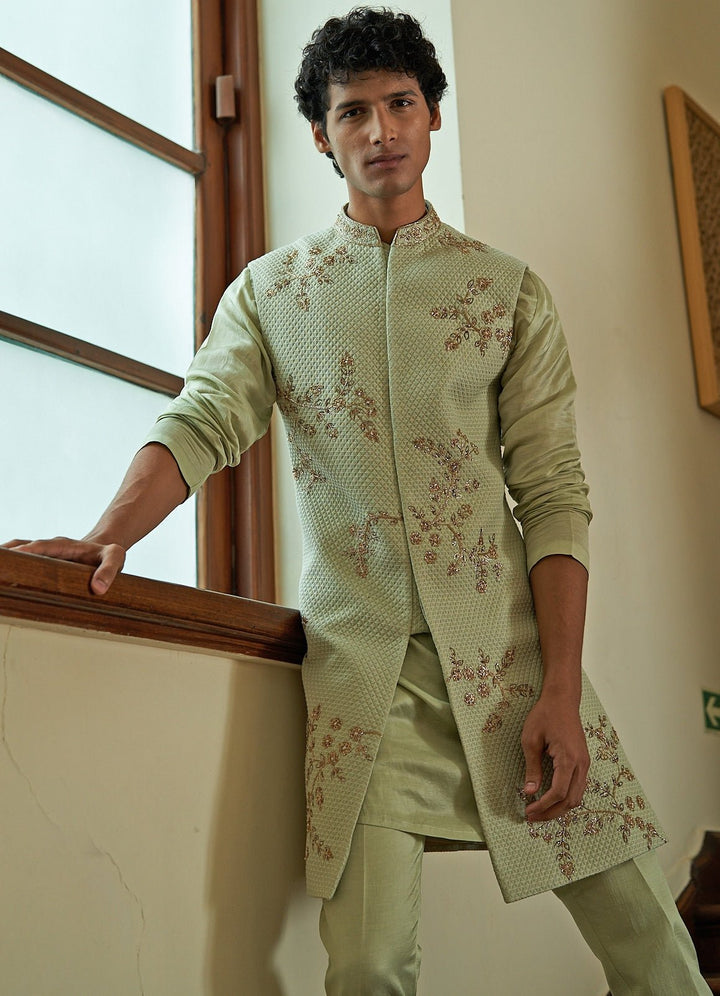 Celedon Sleeveless Mint Green Sherwani Set Contrast by Parth - Fabilicious Fashion