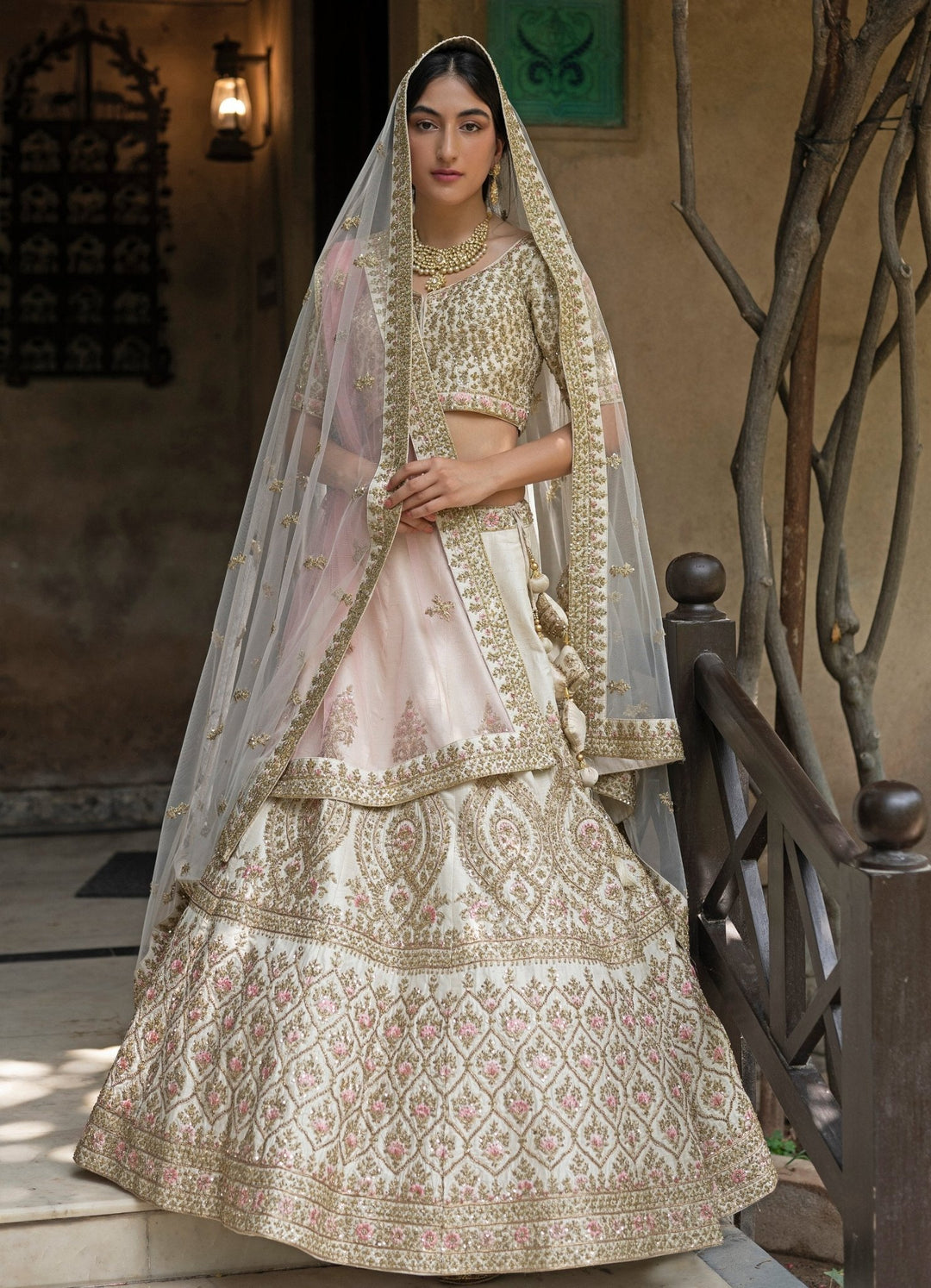 Chaand Ivory and Gold Raw Silk Double Dupatta Lehenga Set Angad Singh - Fabilicious Fashion