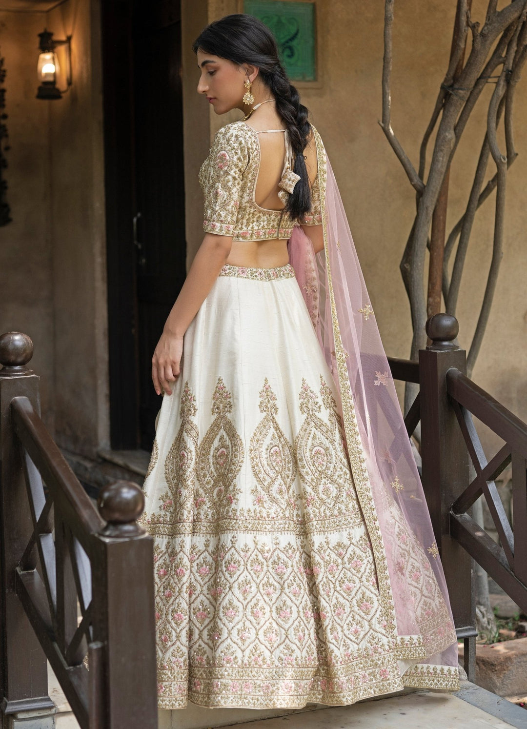 Chaand Ivory and Gold Raw Silk Double Dupatta Lehenga Set Angad Singh - Fabilicious Fashion