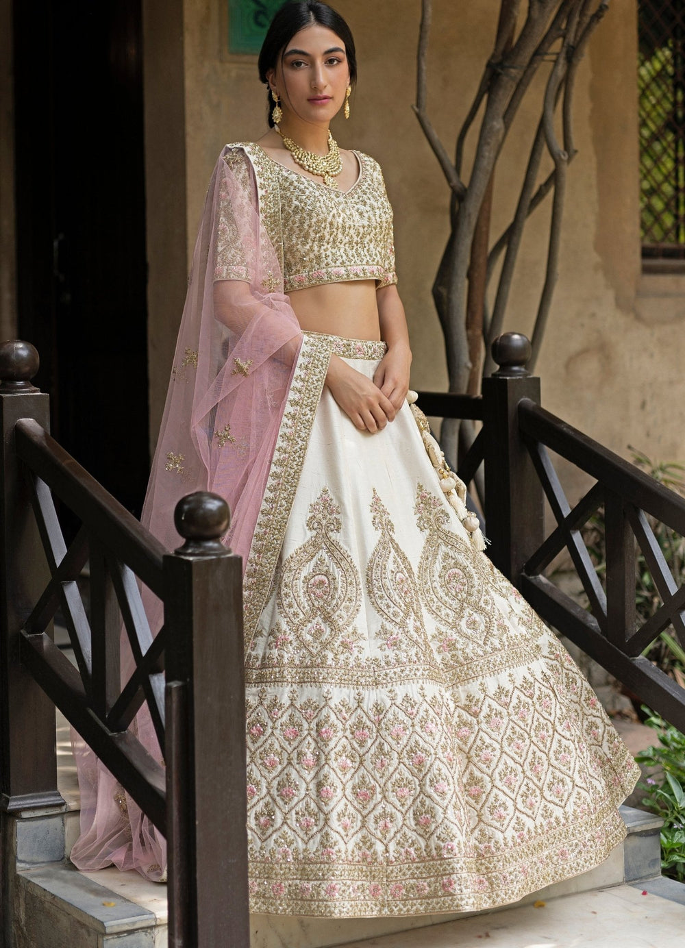 Chaand Ivory and Gold Raw Silk Double Dupatta Lehenga Set Angad Singh - Fabilicious Fashion