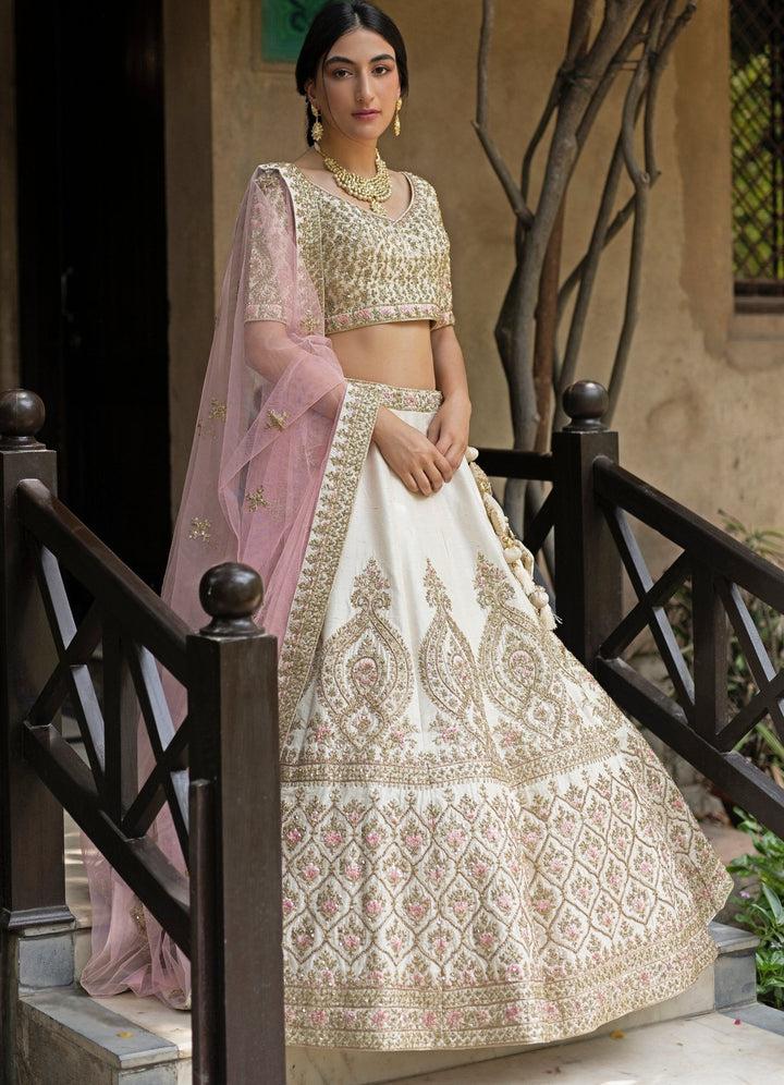 Chaand Ivory and Gold Raw Silk Double Dupatta Lehenga Set Angad Singh - Fabilicious Fashion