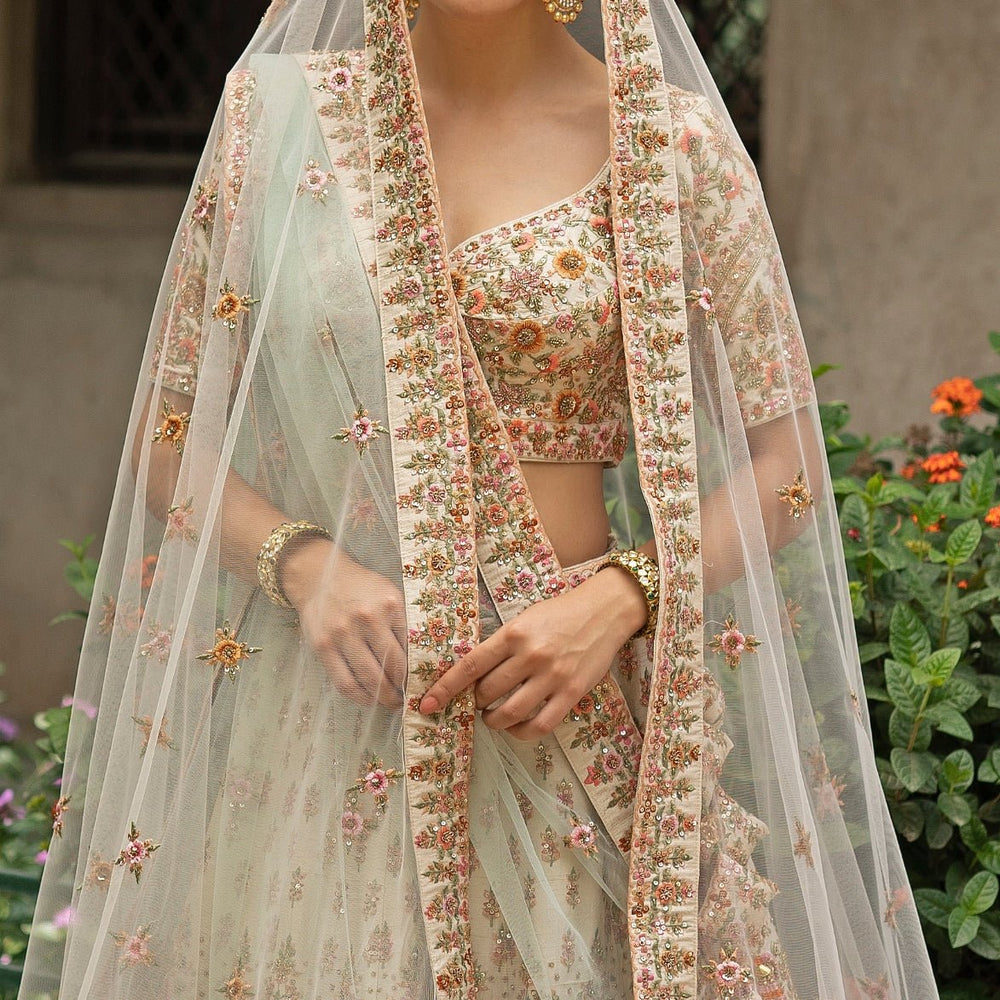 Chaand Ivory and Mint Floral Embroidered Raw Silk Double Dupatta Lehenga Set Angad Singh - Fabilicious Fashion