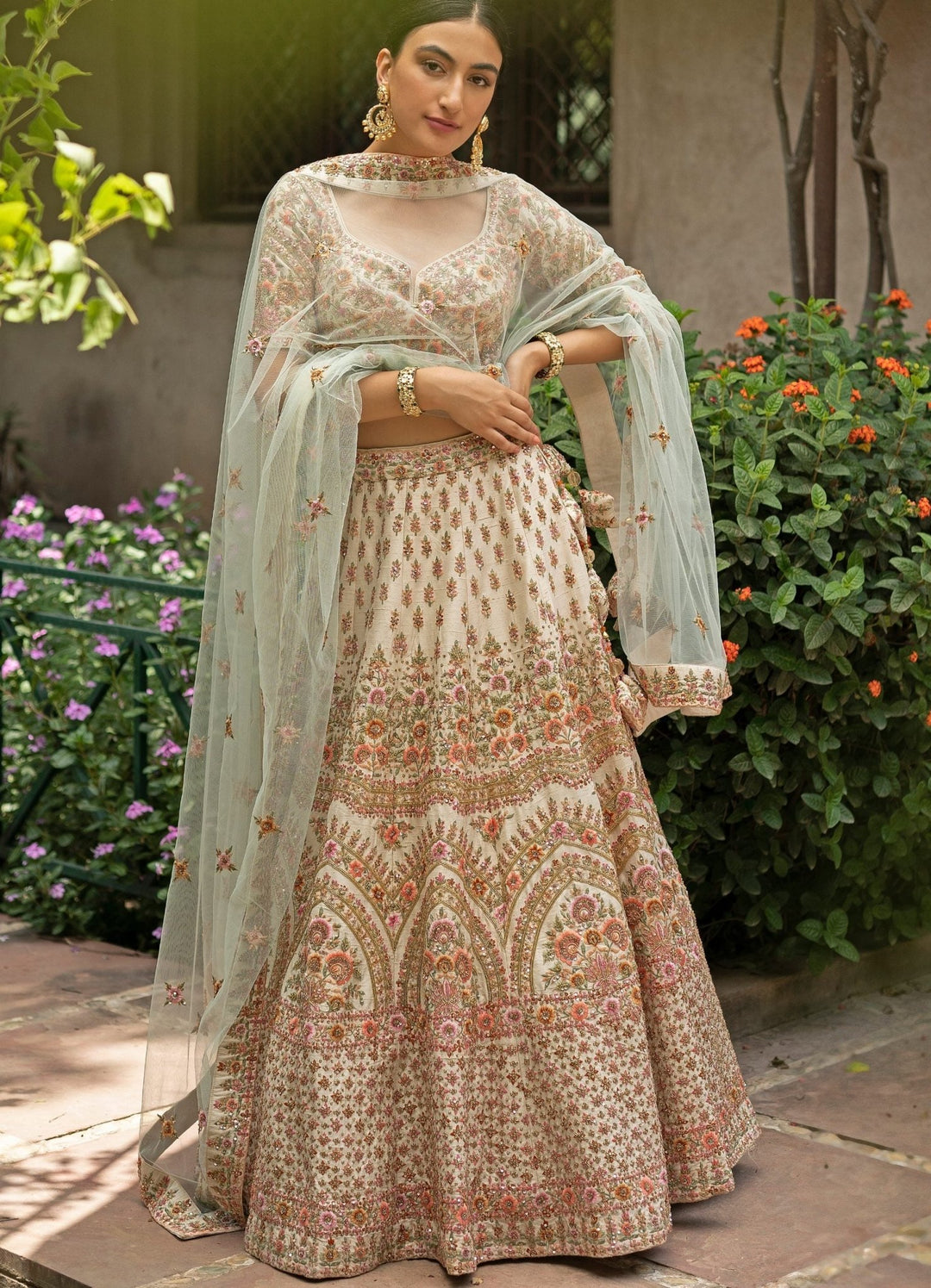 Chaand Ivory and Mint Floral Embroidered Raw Silk Double Dupatta Lehenga Set Angad Singh - Fabilicious Fashion