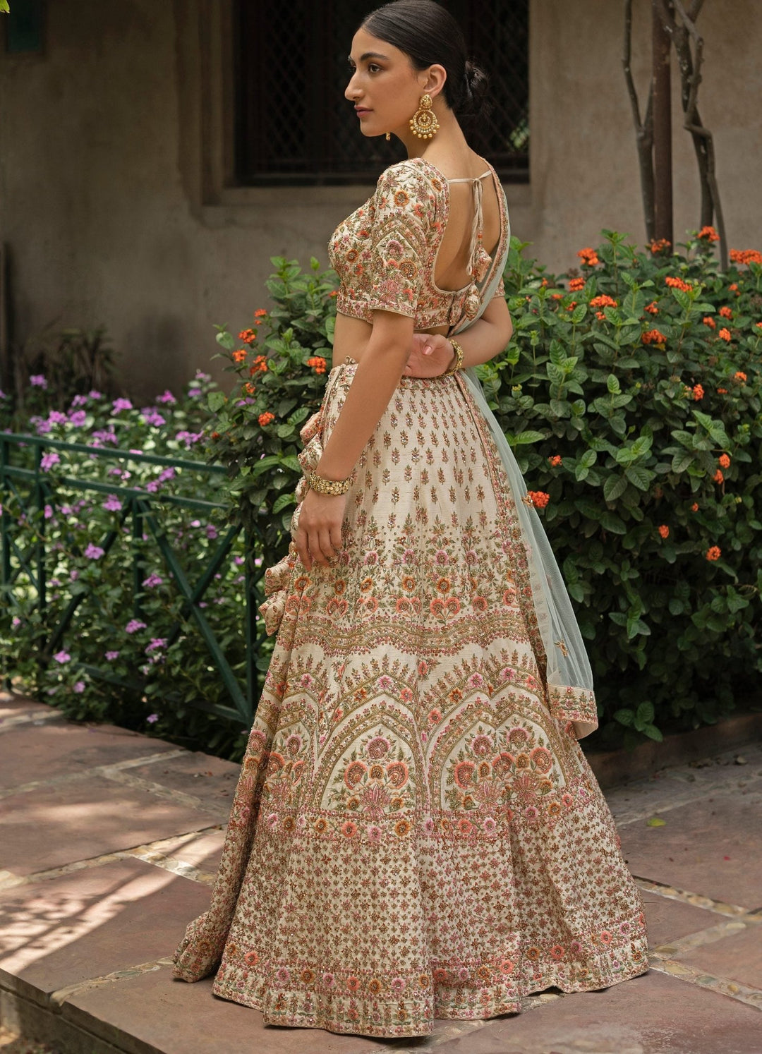 Chaand Ivory and Mint Floral Embroidered Raw Silk Double Dupatta Lehenga Set Angad Singh - Fabilicious Fashion
