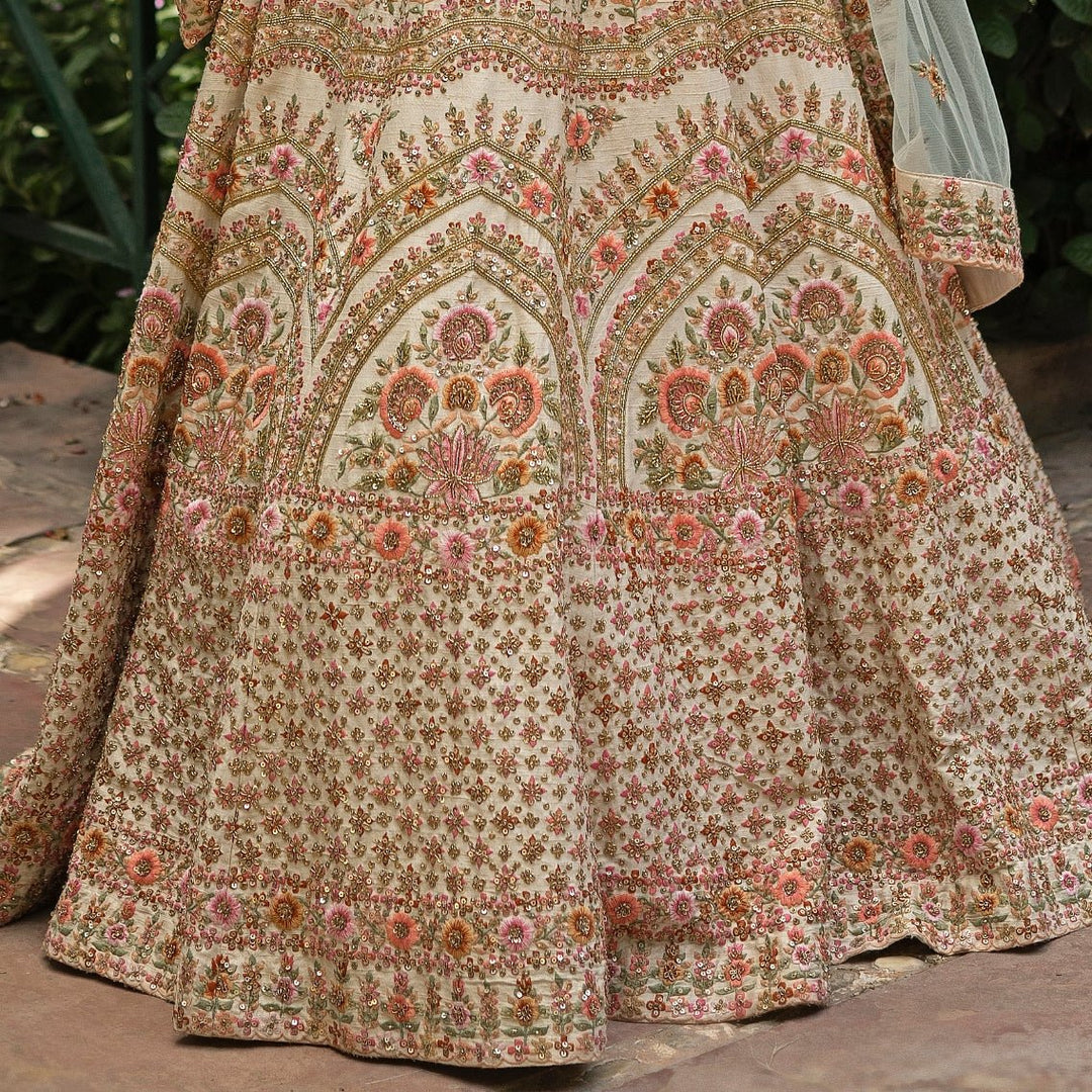 Chaand Ivory and Mint Floral Embroidered Raw Silk Double Dupatta Lehenga Set Angad Singh - Fabilicious Fashion