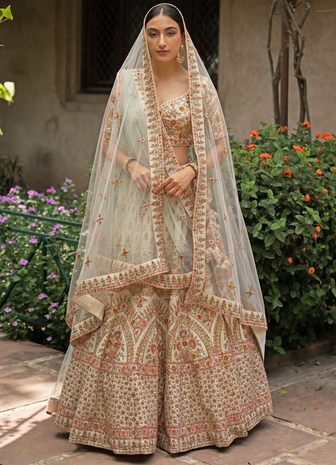 Chaand Ivory and Mint Floral Embroidered Raw Silk Double Dupatta Lehenga Set Angad Singh - Fabilicious Fashion