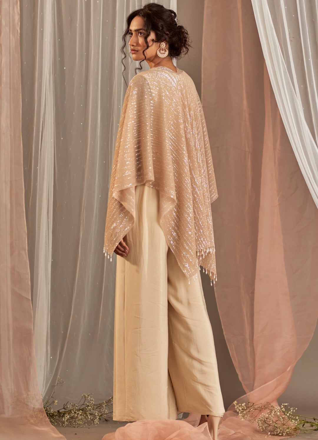 Champagne Crepe Jumpsuit With Cape And Belt Nidhika Shekhar - Fabilicious Fashion