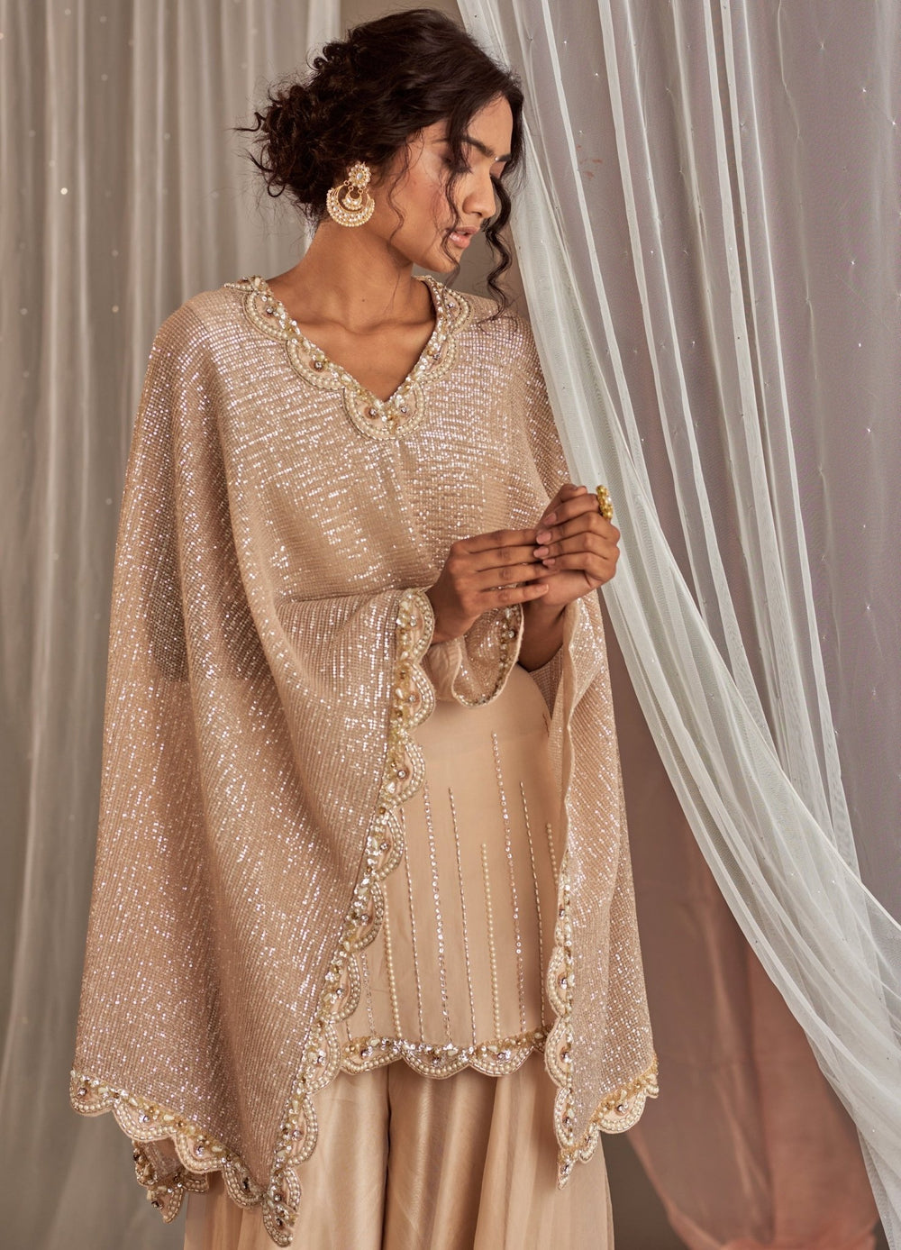 Champagne Crepe Kurta And Sharara Set With Draped Dupatta Nidhika Shekhar - Fabilicious Fashion