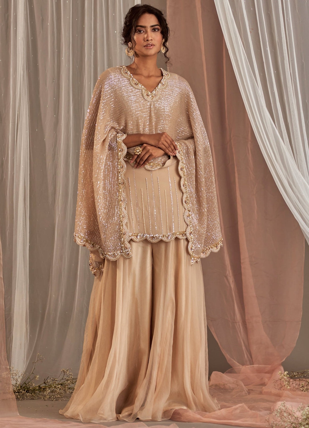 Champagne Crepe Kurta And Sharara Set With Draped Dupatta Nidhika Shekhar - Fabilicious Fashion
