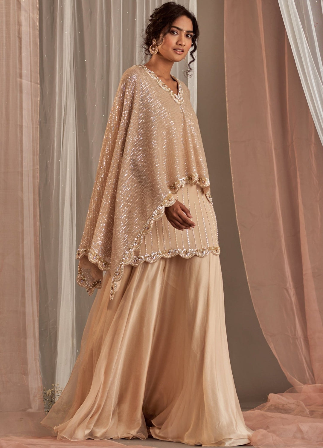 Champagne Crepe Kurta And Sharara Set With Draped Dupatta Nidhika Shekhar - Fabilicious Fashion