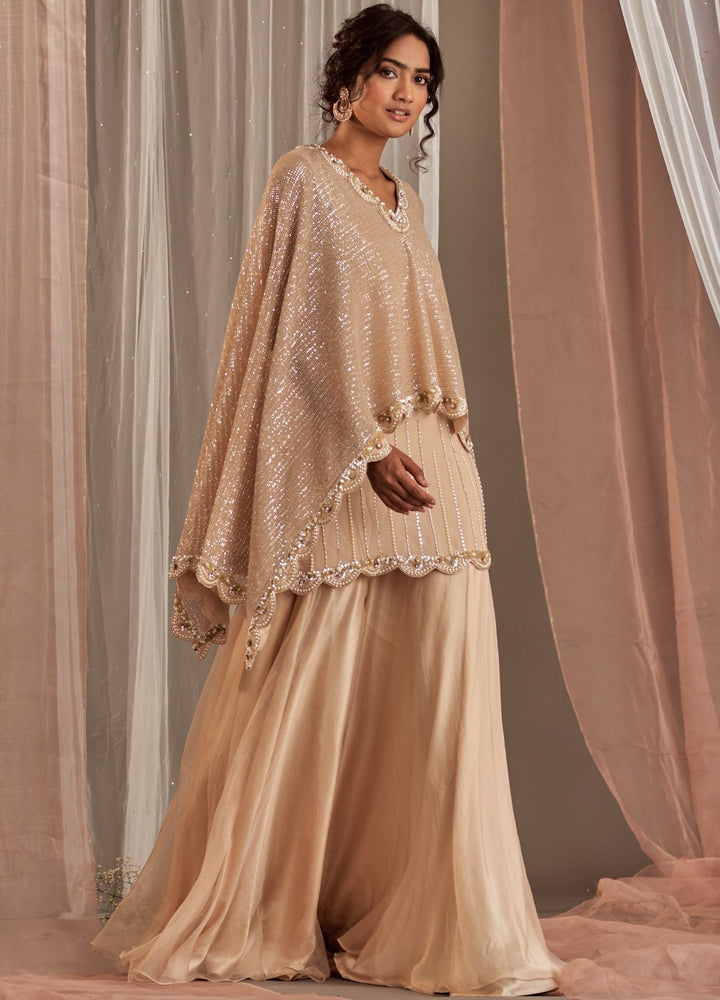 Champagne Crepe Kurta And Sharara Set With Draped Dupatta Nidhika Shekhar - Fabilicious Fashion