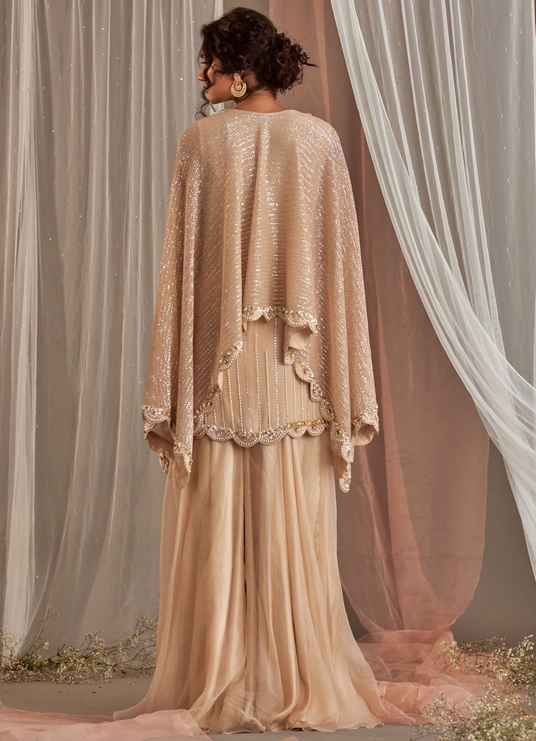 Champagne Crepe Kurta And Sharara Set With Draped Dupatta Nidhika Shekhar - Fabilicious Fashion