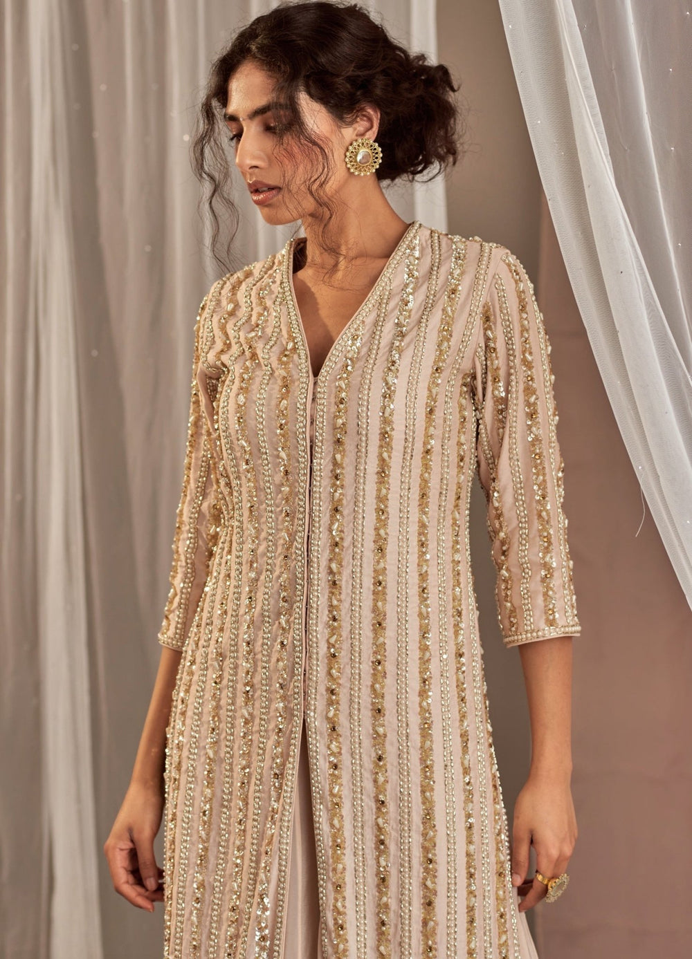 Champagne Crepe Lehenga Set With Embellished Long Kurta Nidhika Shekhar - Fabilicious Fashion