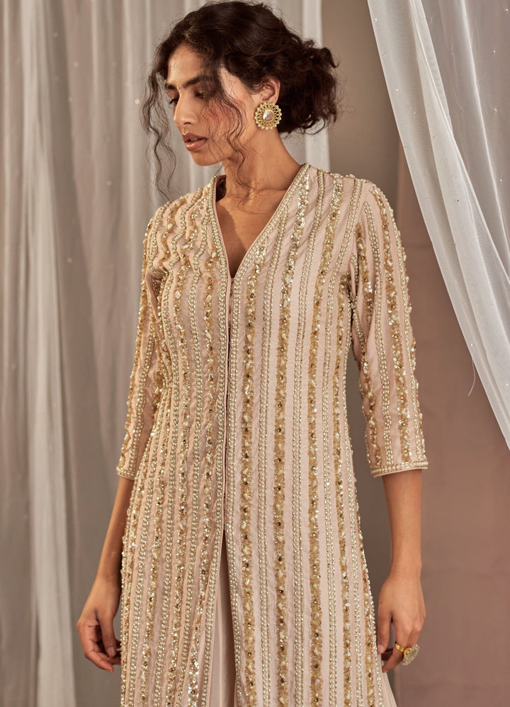 Champagne Crepe Lehenga Set With Embellished Long Kurta Nidhika Shekhar - Fabilicious Fashion