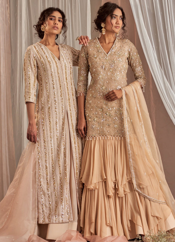 Champagne Crepe Lehenga Set With Embellished Long Kurta Nidhika Shekhar - Fabilicious Fashion