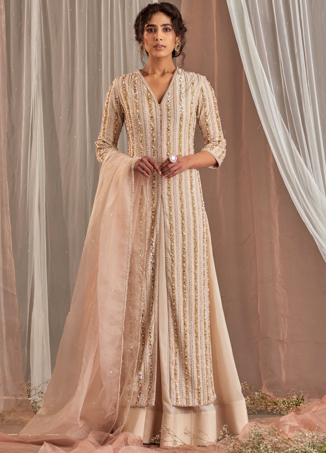 Champagne Crepe Lehenga Set With Embellished Long Kurta Nidhika Shekhar - Fabilicious Fashion