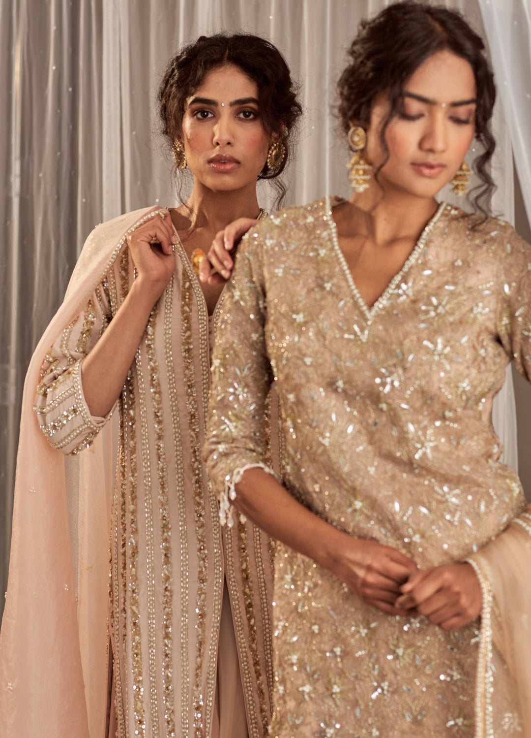 Champagne Crepe Lehenga Set With Embellished Long Kurta Nidhika Shekhar - Fabilicious Fashion