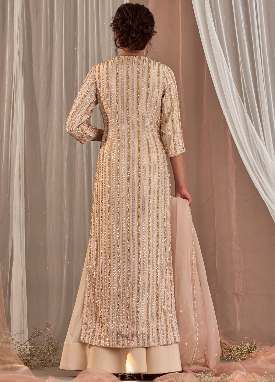 Champagne Crepe Lehenga Set With Embellished Long Kurta Nidhika Shekhar - Fabilicious Fashion