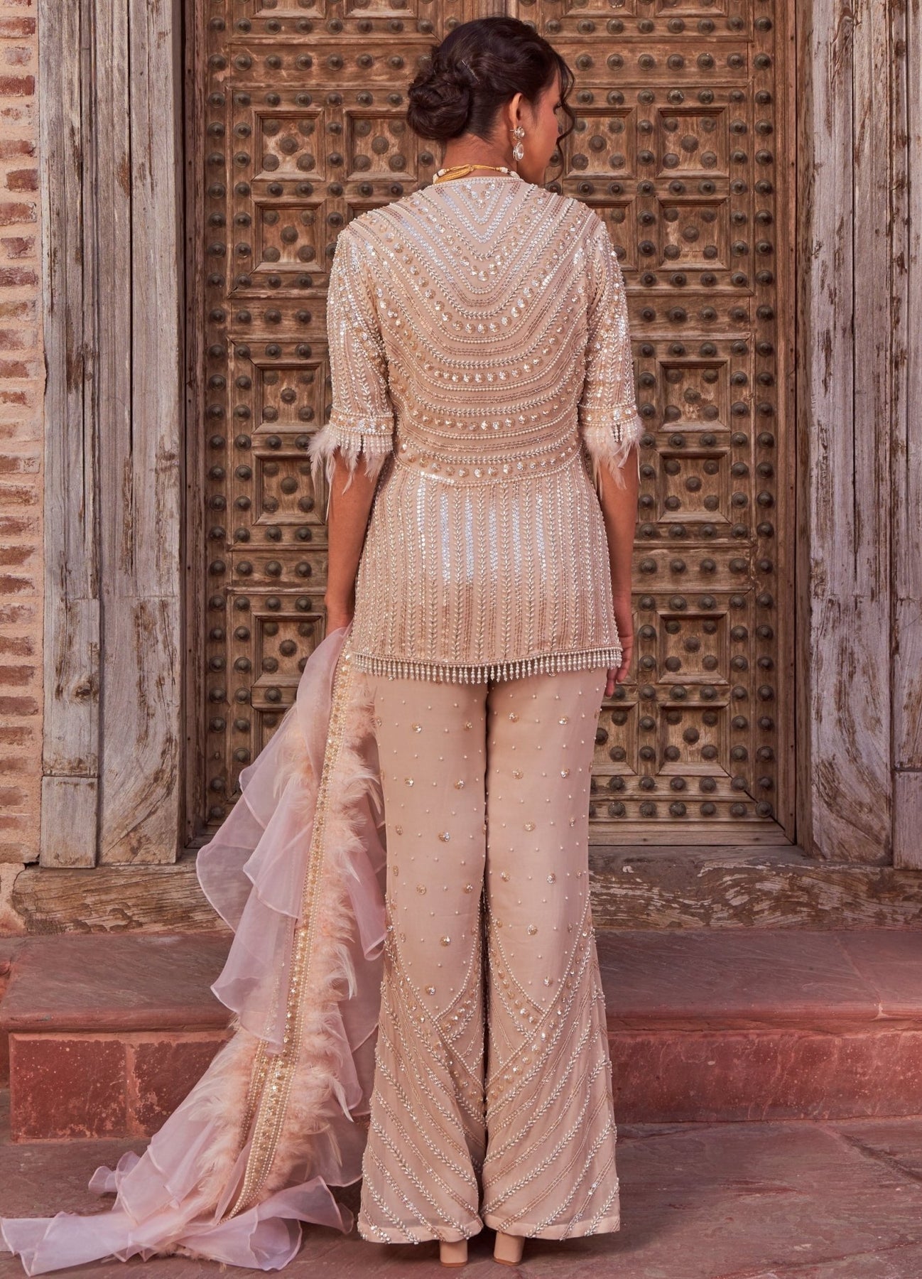 Champagne Pearl Embellished Anarkali With Cape - Nidhika Shekhar