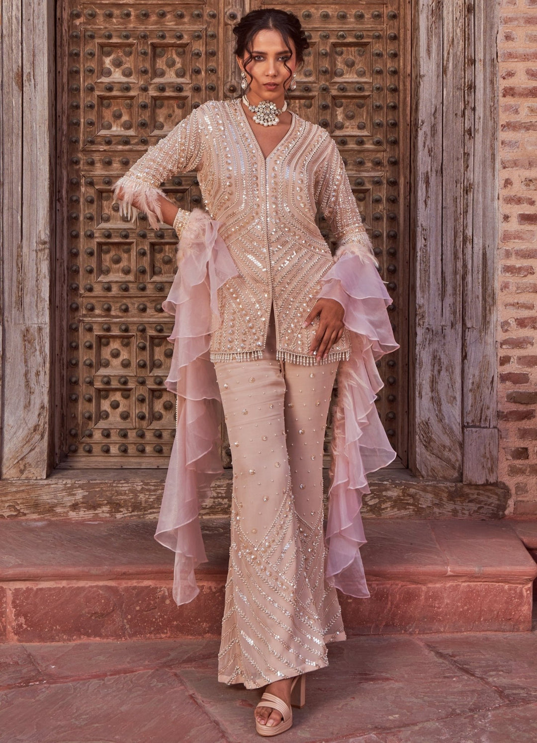 Champagne Embellished Georgette Kurta Set With Ruffled Dupatta Nidhika Shekhar - Fabilicious Fashion