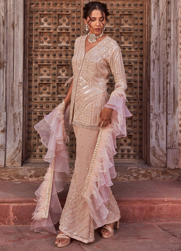 Champagne Embellished Georgette Kurta Set With Ruffled Dupatta Nidhika Shekhar - Fabilicious Fashion
