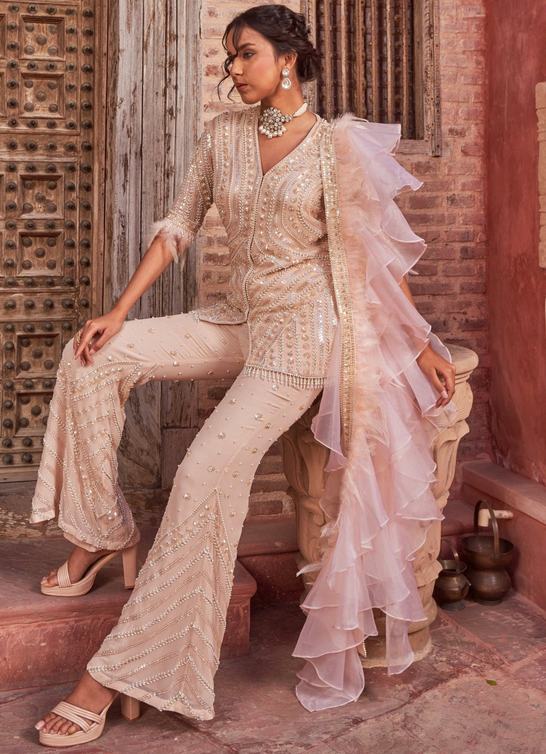 Champagne Embellished Georgette Kurta Set With Ruffled Dupatta Nidhika Shekhar - Fabilicious Fashion