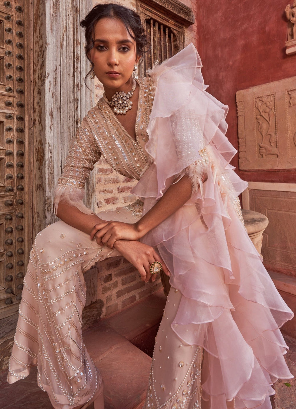 Champagne Embellished Georgette Kurta Set With Ruffled Dupatta Nidhika Shekhar - Fabilicious Fashion