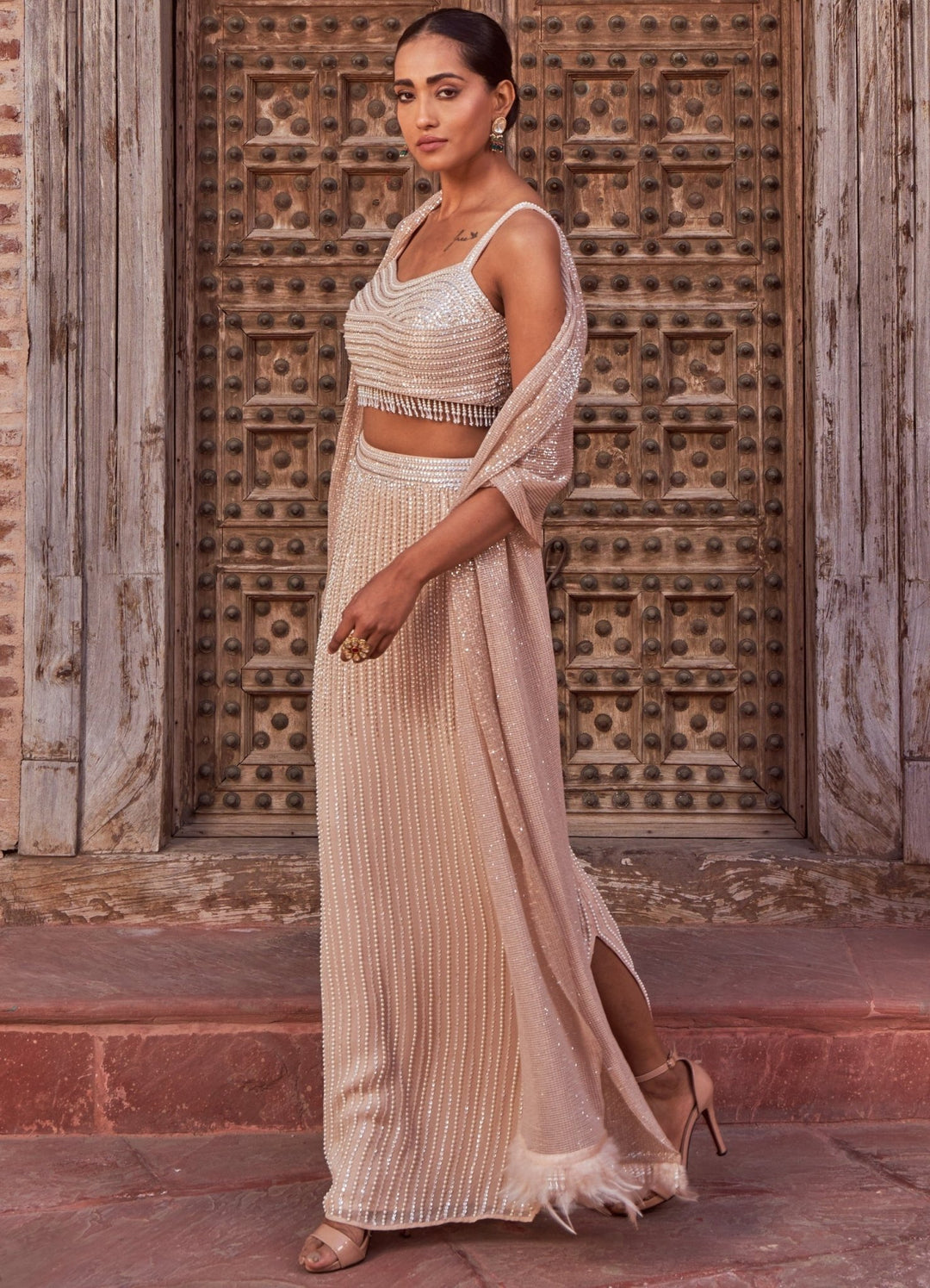 Champagne Embellished Silk Lehenga With Cape Dupatta Nidhika Shekhar - Fabilicious Fashion