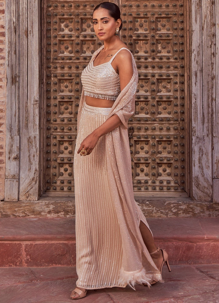 Champagne Embellished Silk Lehenga With Cape Dupatta Nidhika Shekhar - Fabilicious Fashion