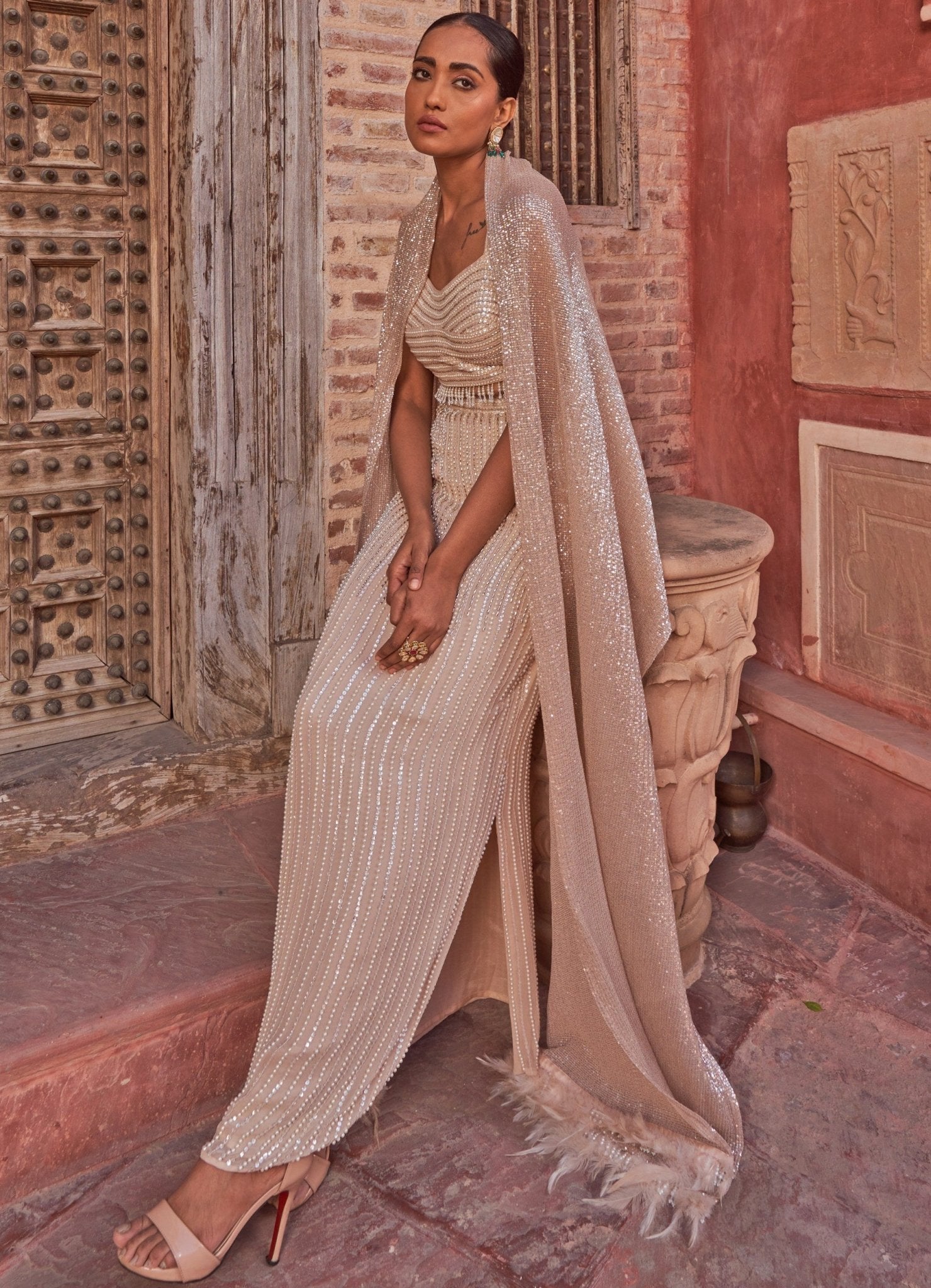 Nidhika Shekhar beige embellished silk cape lehenga — lehenga for wedding guest receptions