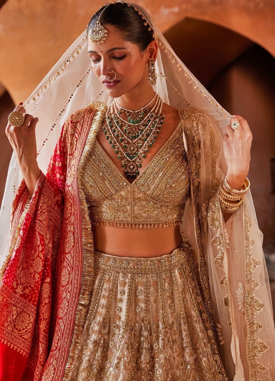 Champagne Gold Bridal Satin Lehenga Set With Crystal Work Nitika Gujral - Fabilicious Fashion