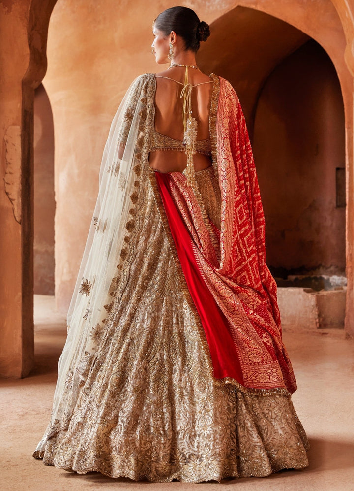 Champagne Gold Bridal Satin Lehenga Set With Crystal Work Nitika Gujral - Fabilicious Fashion