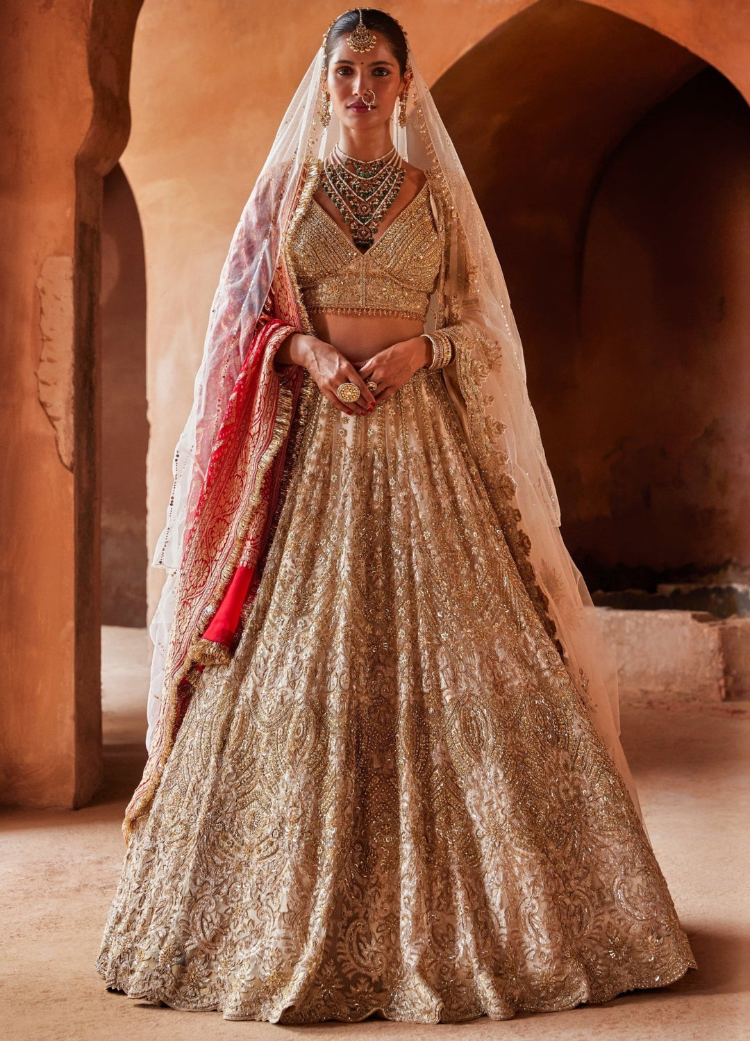 Champagne Gold Bridal Satin Lehenga Set With Crystal Work Nitika Gujral - Fabilicious Fashion