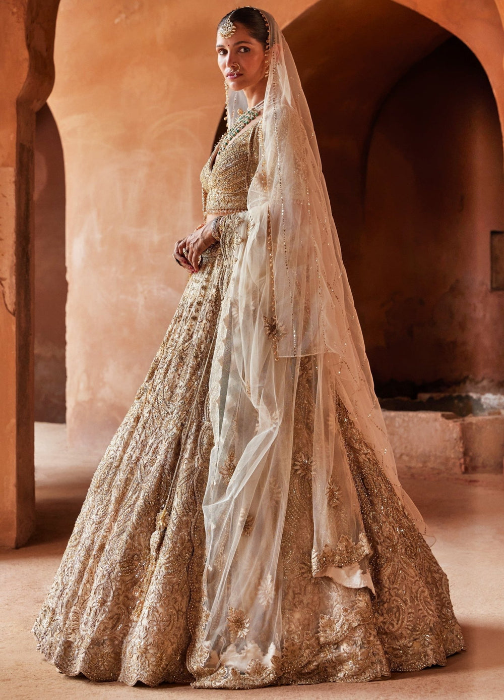 Champagne Gold Bridal Satin Lehenga Set With Crystal Work Nitika Gujral - Fabilicious Fashion