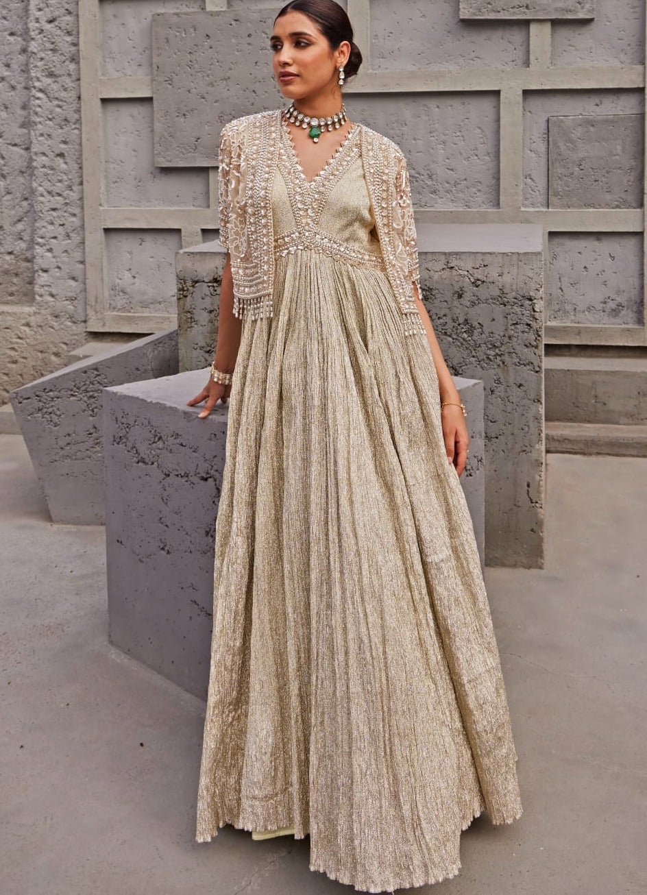 Champagne Gold Crush Shimmer Anarkali Set Nidhika Shekhar - Fabilicious Fashion