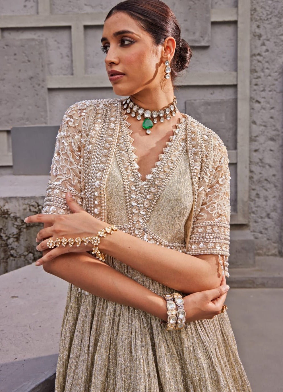 Champagne Gold Crush Shimmer Anarkali Set Nidhika Shekhar - Fabilicious Fashion