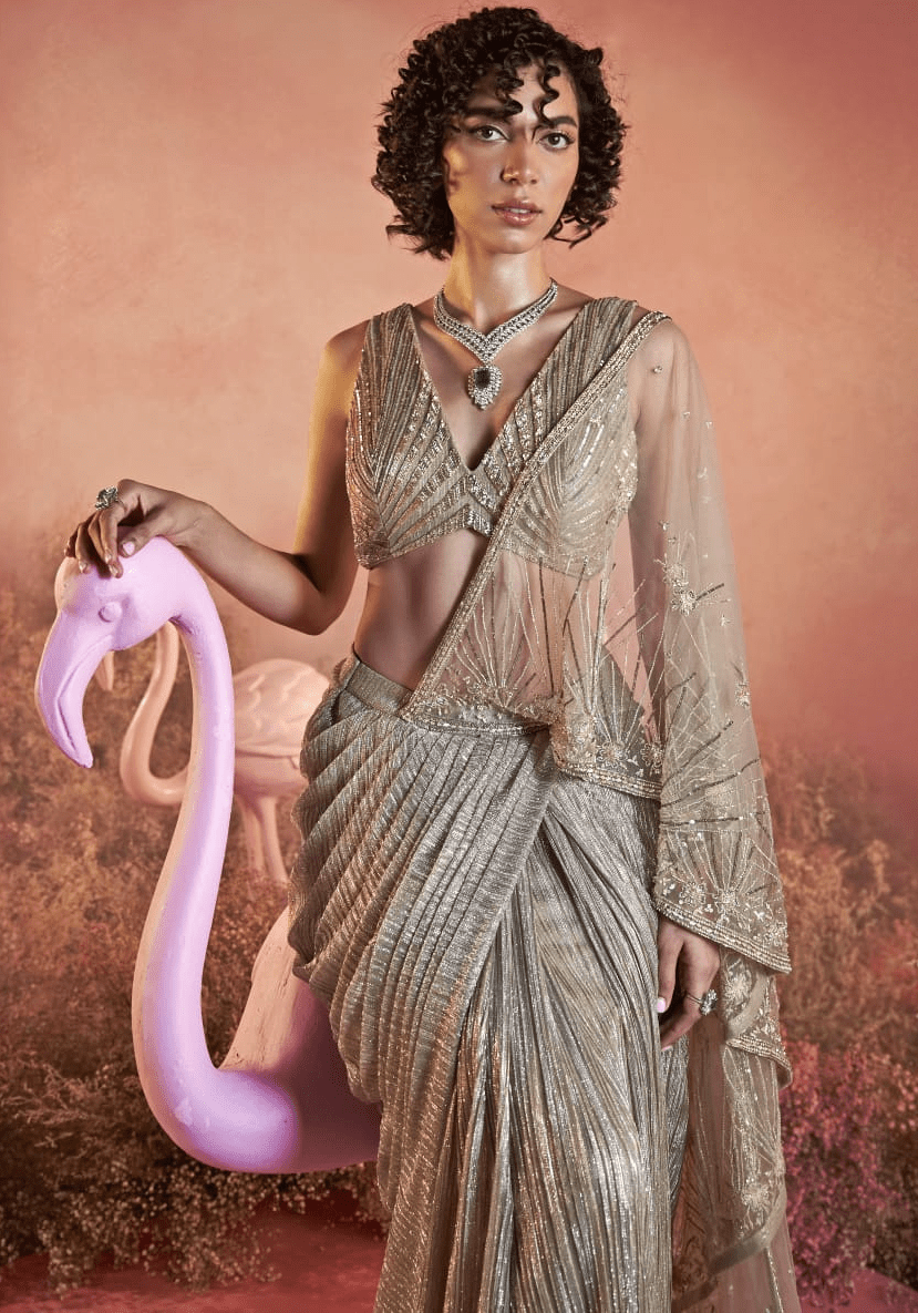Champagne Gold Crushed Pre Draped Saree Parul Gandhi - Fabilicious Fashion