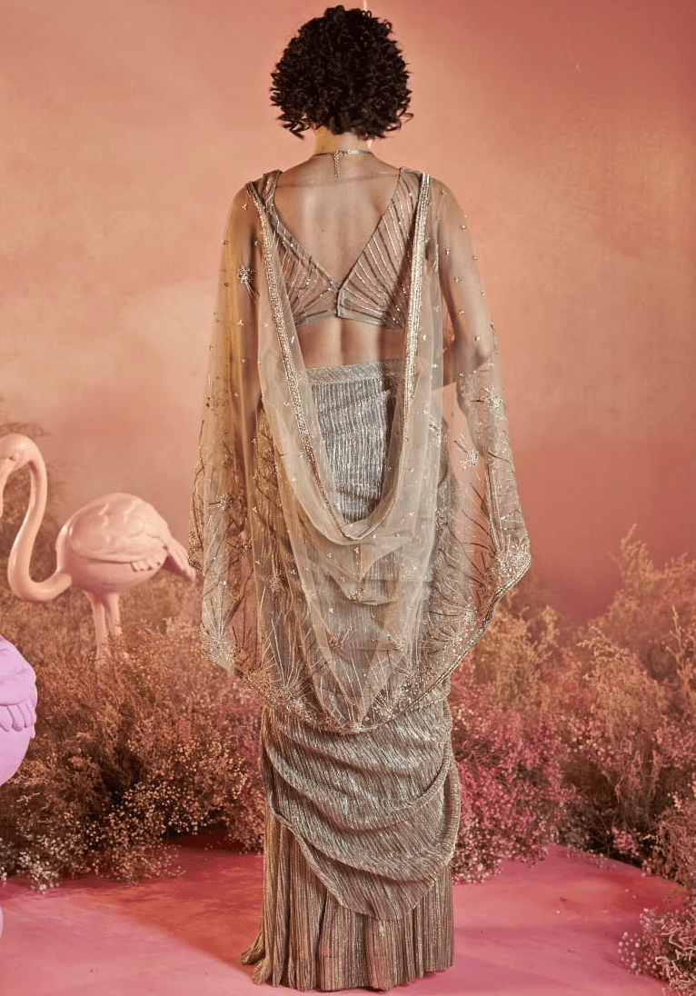 Champagne Gold Crushed Pre Draped Saree Parul Gandhi - Fabilicious Fashion