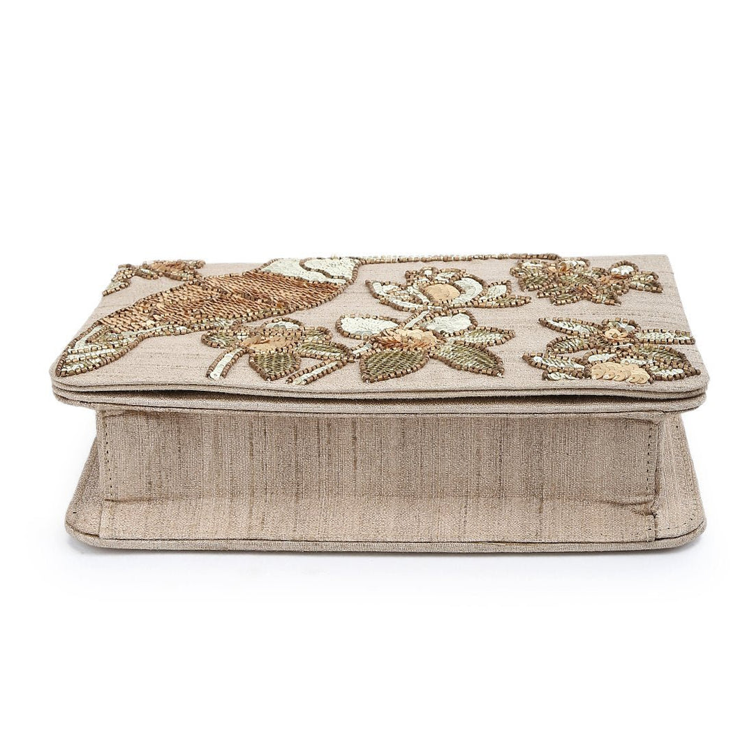 Champagne Gold Sequinned Toucan Clutch The Purple Sack - Fabilicious Fashion