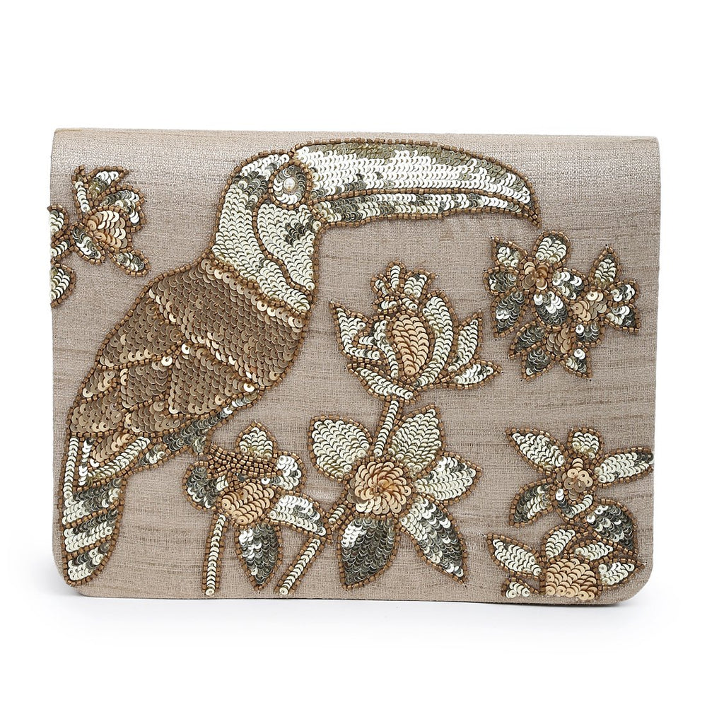 Champagne Gold Sequinned Toucan Clutch The Purple Sack - Fabilicious Fashion