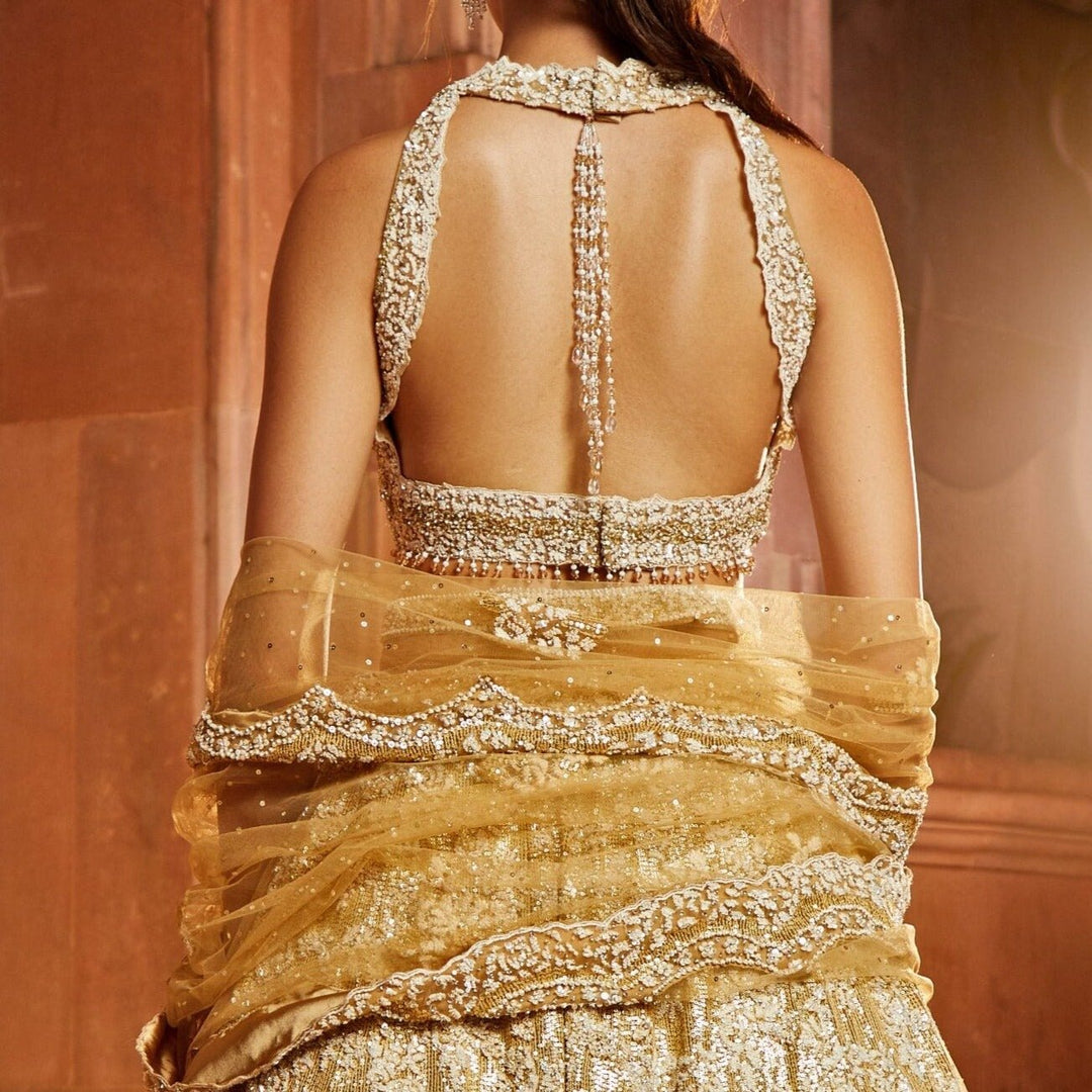Champagne Gold Tulle Lehenga Set With Embellished Belt Nitika Gujral - Fabilicious Fashion
