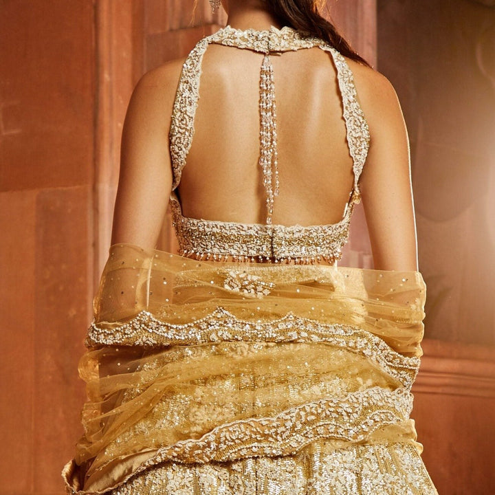 Champagne Gold Tulle Lehenga Set With Embellished Belt Nitika Gujral - Fabilicious Fashion