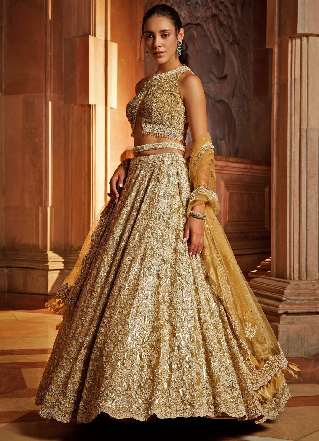 Champagne Gold Tulle Lehenga Set With Embellished Belt Nitika Gujral - Fabilicious Fashion